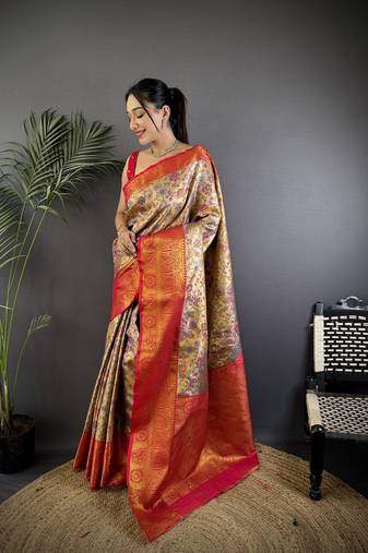 Beige silk leheriya meenakari zari weaves dharmavaram saree