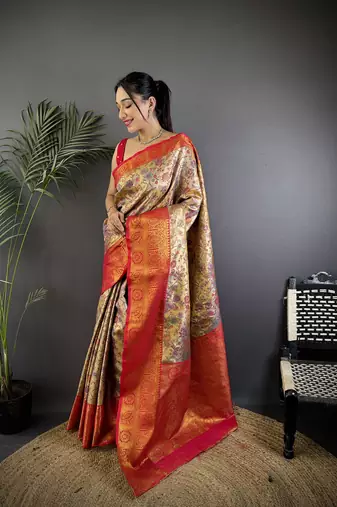 Beige silk leheriya meenakari zari weaves dharmavaram saree