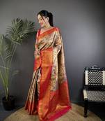 Beige silk leheriya meenakari zari weaves dharmavaram saree