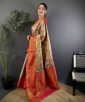 Beige silk leheriya meenakari zari weaves dharmavaram saree 2