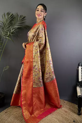 Beige silk leheriya meenakari zari weaves dharmavaram saree
