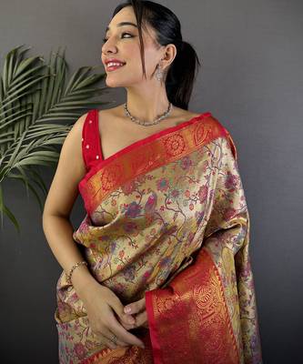Beige silk leheriya meenakari zari weaves dharmavaram saree 3