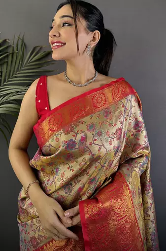 Beige silk leheriya meenakari zari weaves dharmavaram saree