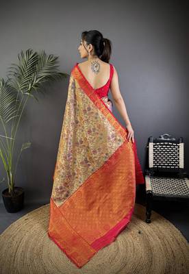 Beige silk leheriya meenakari zari weaves dharmavaram saree 4