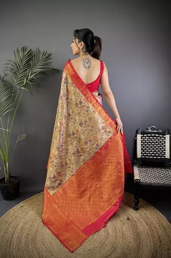Beige silk leheriya meenakari zari weaves dharmavaram saree