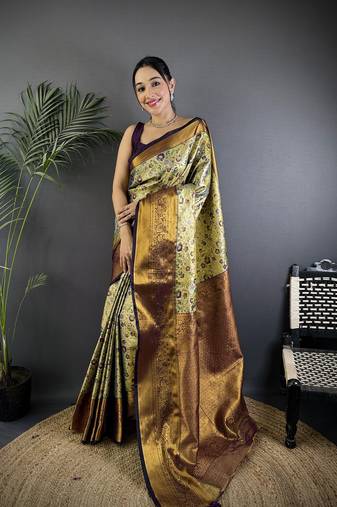 Green silk leheriya meenakari zari weaves dharmavaram saree