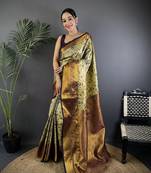 Green silk leheriya meenakari zari weaves dharmavaram saree