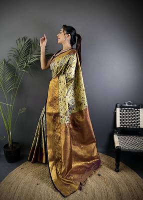 Green silk leheriya meenakari zari weaves dharmavaram saree 2