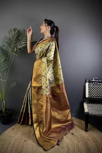 Green silk leheriya meenakari zari weaves dharmavaram saree