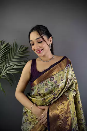 Green silk leheriya meenakari zari weaves dharmavaram saree