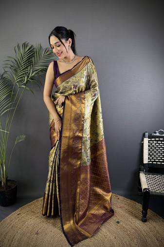 Green silk leheriya meenakari zari weaves dharmavaram saree