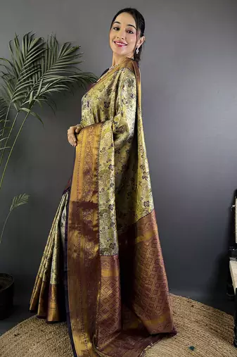 Green silk leheriya meenakari zari weaves dharmavaram saree