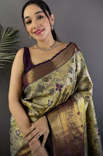 Green silk leheriya meenakari zari weaves dharmavaram saree