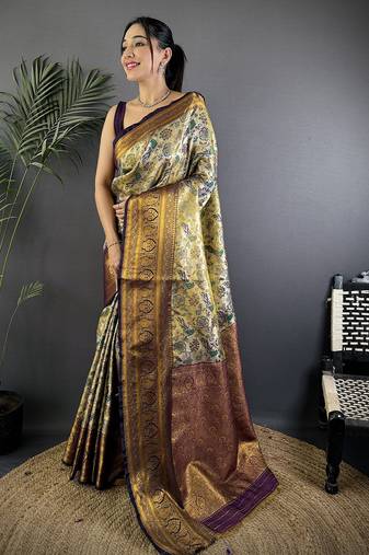 Green silk leheriya meenakari zari weaves dharmavaram saree