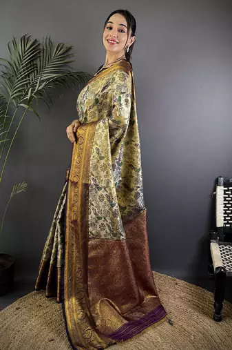 Green silk leheriya meenakari zari weaves dharmavaram saree