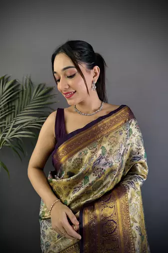 Green silk leheriya meenakari zari weaves dharmavaram saree
