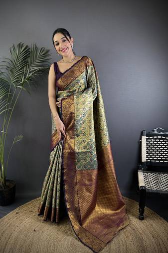 Grey silk leheriya meenakari zari weaves dharmavaram saree
