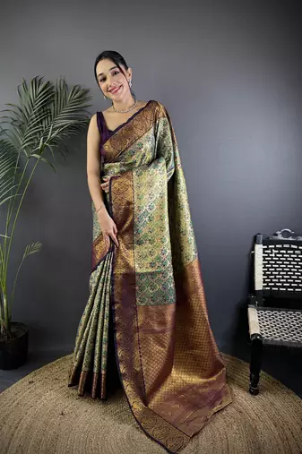 Grey silk leheriya meenakari zari weaves dharmavaram saree