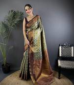 Grey silk leheriya meenakari zari weaves dharmavaram saree