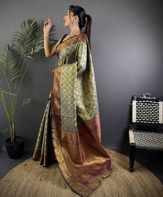 Grey silk leheriya meenakari zari weaves dharmavaram saree 2