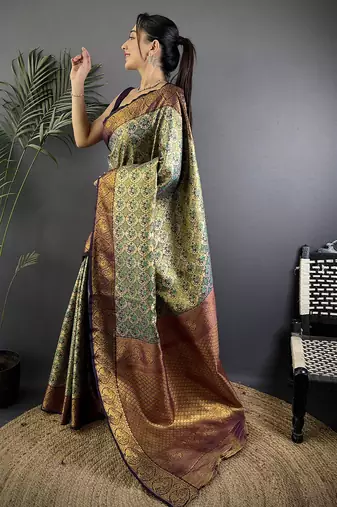 Grey silk leheriya meenakari zari weaves dharmavaram saree