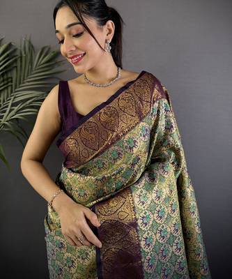 Grey silk leheriya meenakari zari weaves dharmavaram saree 3