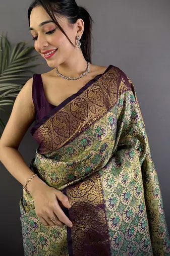 Grey silk leheriya meenakari zari weaves dharmavaram saree
