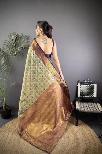 Grey silk leheriya meenakari zari weaves dharmavaram saree
