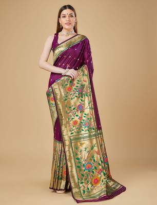 Purple litch silk blend polka dot weaving paithani saree 1