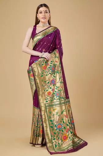 Purple litch silk blend polka dot weaving paithani saree
