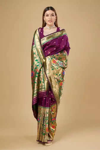 Purple litch silk blend polka dot weaving paithani saree