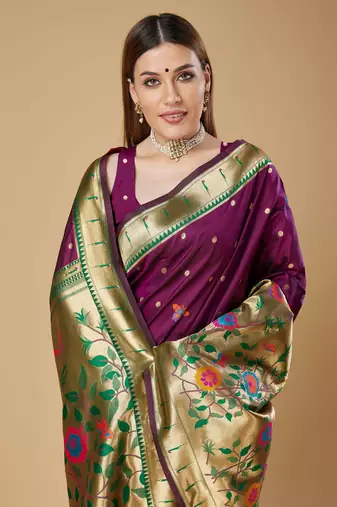 Purple litch silk blend polka dot weaving paithani saree