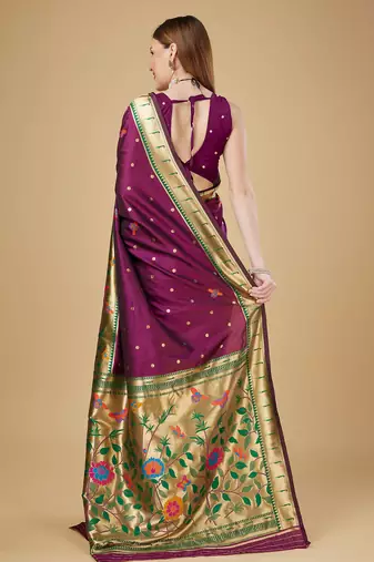 Purple litch silk blend polka dot weaving paithani saree