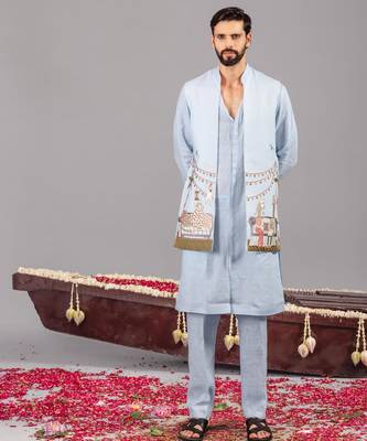 Skyblue georgette embroidered linen kurta jacket set for mens 1