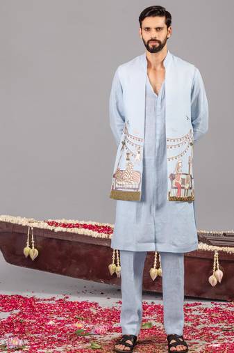 Skyblue georgette embroidered linen kurta jacket set for mens