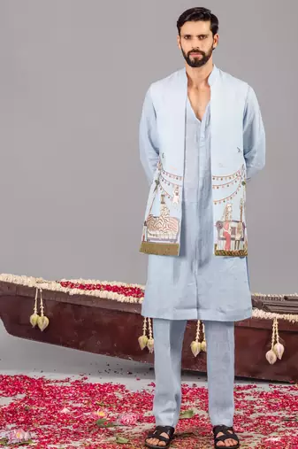 Skyblue georgette embroidered linen kurta jacket set for mens