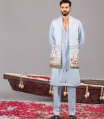 Skyblue georgette embroidered linen kurta jacket set for mens