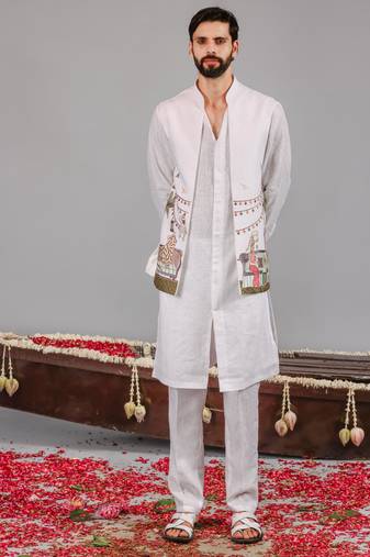 White georgette embroidered linen kurta jacket set for mens