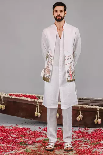 White georgette embroidered linen kurta jacket set for mens