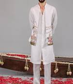 White georgette embroidered linen kurta jacket set for mens