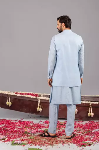 Skyblue georgette embroidered linen kurta jacket set for mens