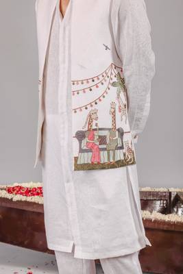 White georgette embroidered linen kurta jacket set for mens 2