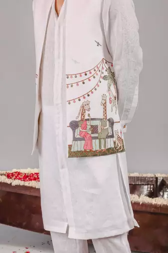 White georgette embroidered linen kurta jacket set for mens