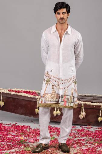 White georgette embroidered linen kurta set for mens