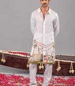 White georgette embroidered linen kurta set for mens