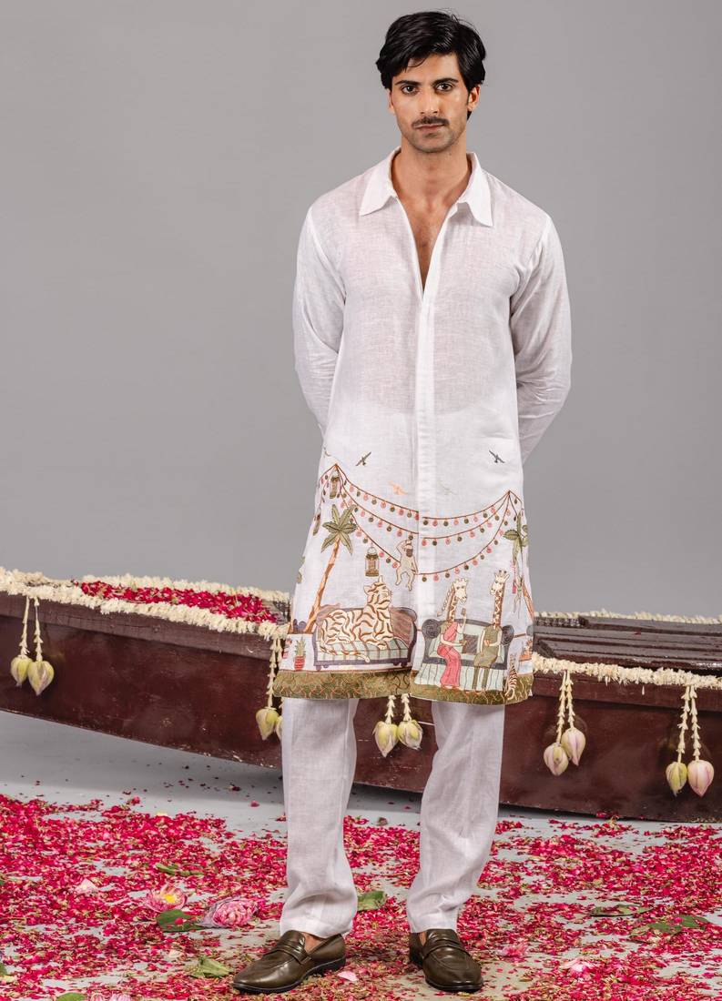 White georgette embroidered linen kurta set for mens