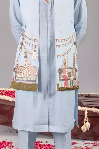 Skyblue georgette embroidered linen kurta jacket set for mens