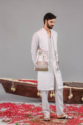 White georgette embroidered linen kurta jacket set for mens 3