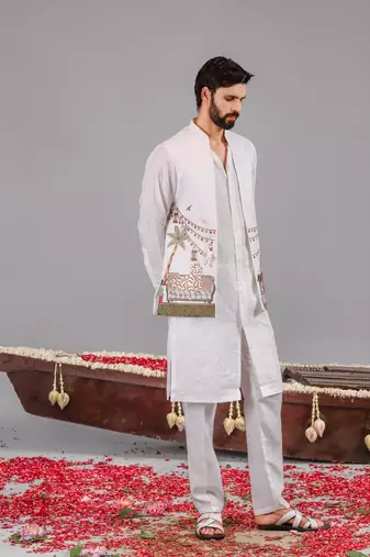 White georgette embroidered linen kurta jacket set for mens