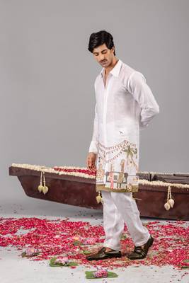 White georgette embroidered linen kurta set for mens 2